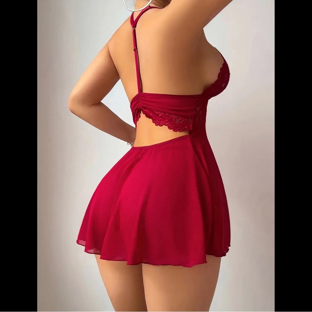 Red, Lace & Hollowed Back, Lingerie Slip